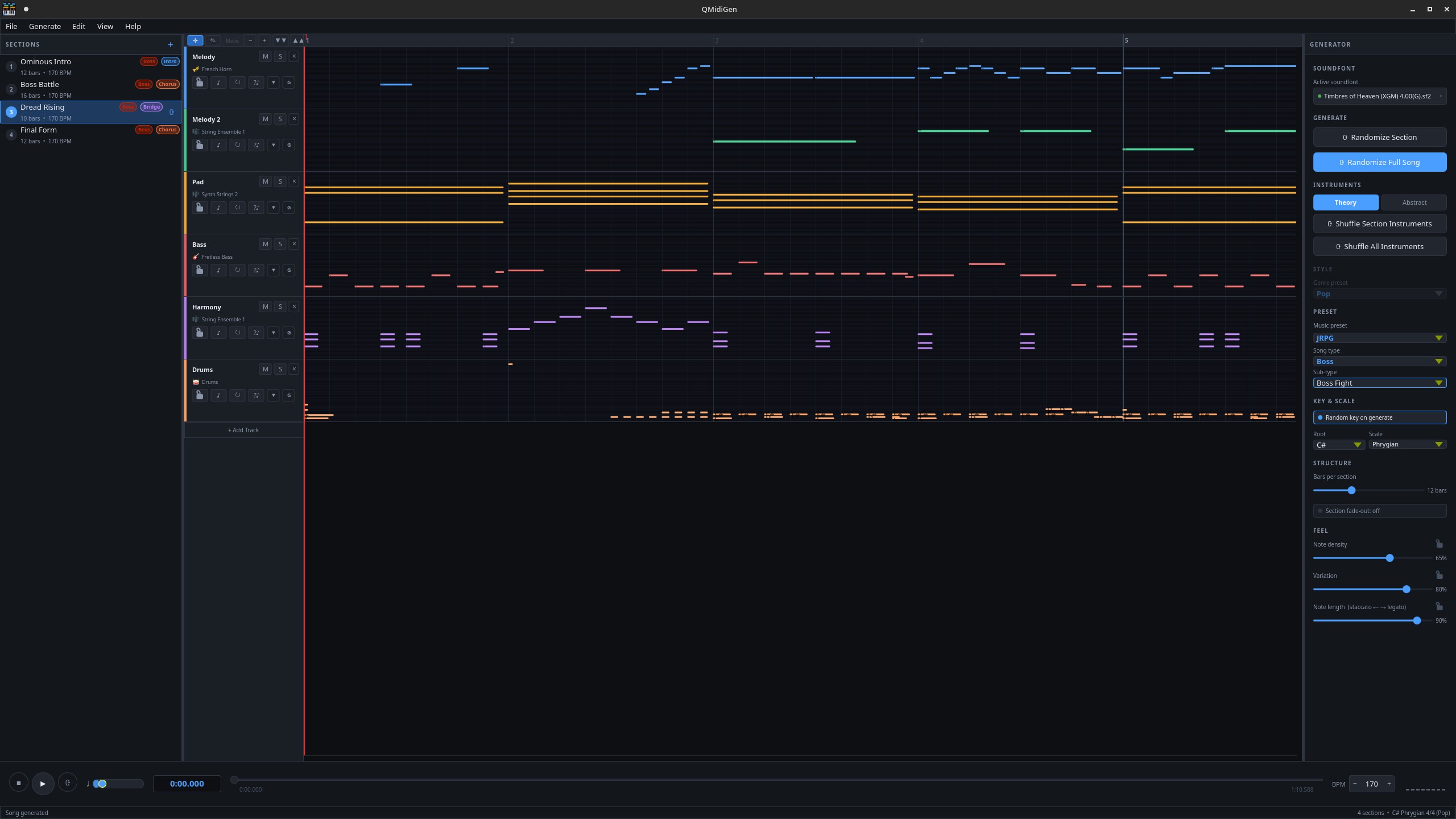 QMidiGen screenshot — Boss Fight section in Phrygian at 170 BPM